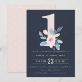 NAVY BLUSH BLUE FLORAL 1st JAAR JUBILEUM Kaart (Voorkant / Achterkant)