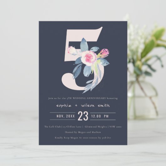 NAVY BLUSH BLUE FLORAL 5E JAAR JUBILEUM KAART (Staand voorkant)