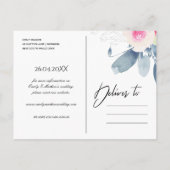 NAVY BLUSH BLUE FLORAL WATERVERF BEWAREN DE DATUM AANKONDIGINGSKAART (Achterkant)