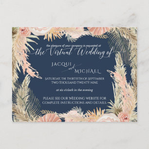 Navy Blush Bohemian Pampas Floral Virtual Wedding Briefkaart