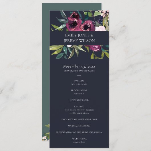 NAVY BLUSH BURGUNDY FLORA WEDDING CEREMONY PROGRAM MENU (Voorkant / Achterkant)