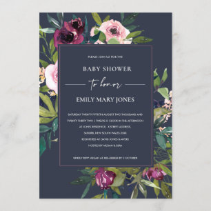 NAVY BLUSH BURGUNDY FLORAL BUNCH BABY SHOWER KAART