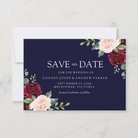 Navy Blush & Burgundy Floral Waterverf Save The Date (Voorkant)