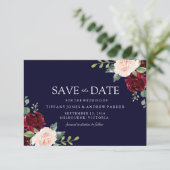Navy Blush & Burgundy Floral Waterverf Save The Date (Staand voorkant)