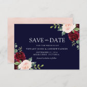 Navy Blush & Burgundy Floral Waterverf Save The Date (Voorkant / Achterkant)