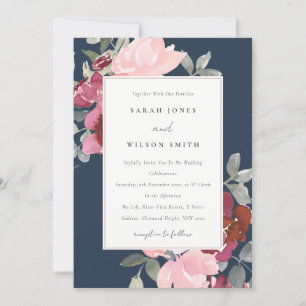 NAVY BLUSH BURGUNDY ROOS FLORAL WEDDING INVITE BEDANKKAART