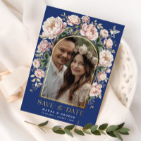 Navy Blush Chinoiserie Flowers Photo Save the Date
