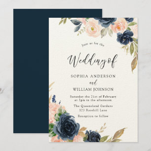 Navy & Blush Elegance: Prachtige Floral Wedding Kaart