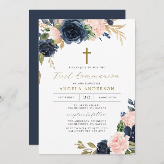Navy Blush First Communitation Invitation Kaart (Voorkant / Achterkant)