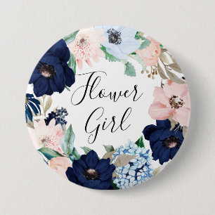 Navy & Blush Floral Bloemenmeisje Ronde Button 7,6 Cm