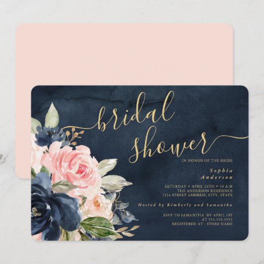 Navy Blush Floral Bridal Shower Kaart (Voorkant / Achterkant)