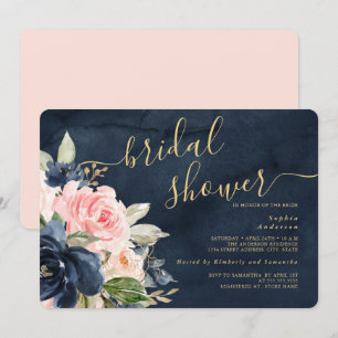 Navy Blush Floral Bridal Shower Kaart