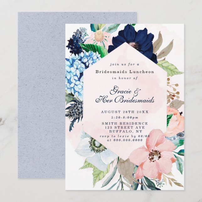Navy Blush Floral Bridesmaids Luncheon Invites (Voorkant / Achterkant)