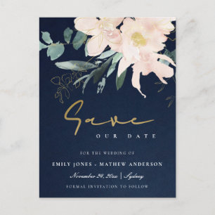 NAVY BLUSH FLORAL BUNCH WATERVERF BEWART DE DATUM AANKONDIGINGSKAART