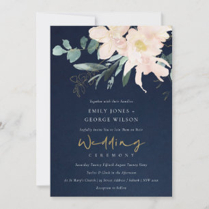 NAVY BLUSH FLORAL BUNCH WATERVERF WASWEDING KAART