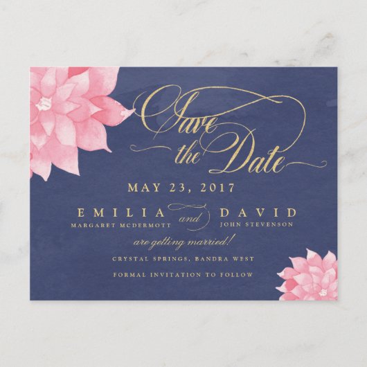 Navy Blush Floral Dahlia Enregistrer la date Carte (Devant)