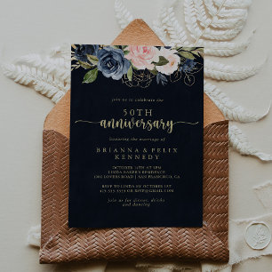 Navy Blush Floral Gold 50th Wedding Jubileum Kaart