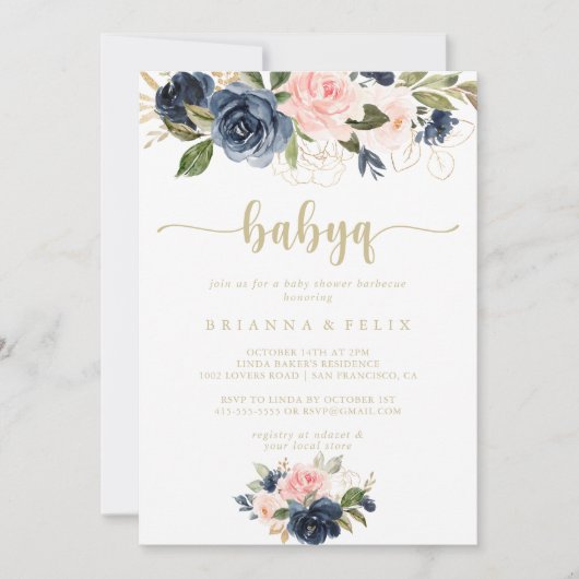 Navy Blush Floral Gold BabyQ Baby shower Barbecue Kaart (Voorkant)