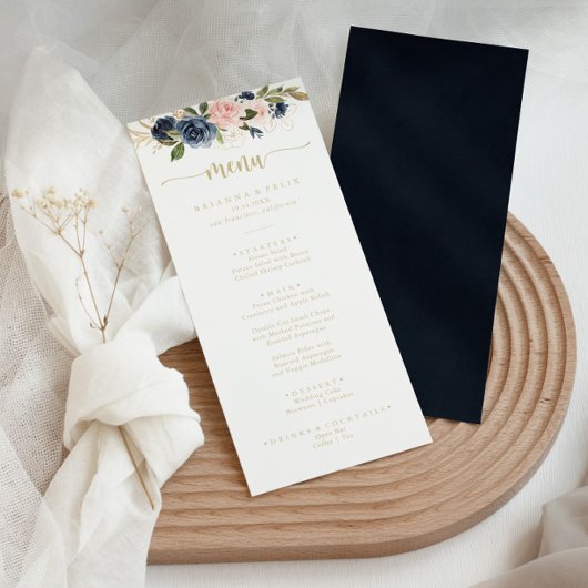 Navy Blush Floral Gold Calligraphy Dinner Menu