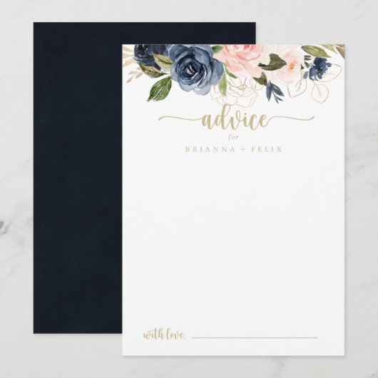 Navy Blush Floral Gold Wedding Advieskaart (Voorkant / Achterkant)