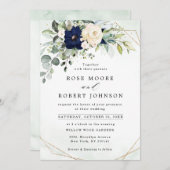 Navy Blush Floral Greenery Geometric Wedding Kaart (Voorkant / Achterkant)