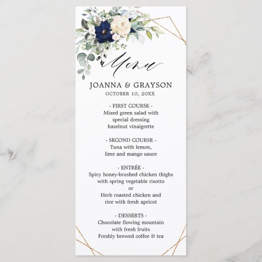 Navy Blush Floral Greenery Menu Mariage géométriqu (Devant)