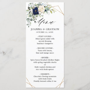 Navy Blush Floral Greenery Menu Mariage géométriqu