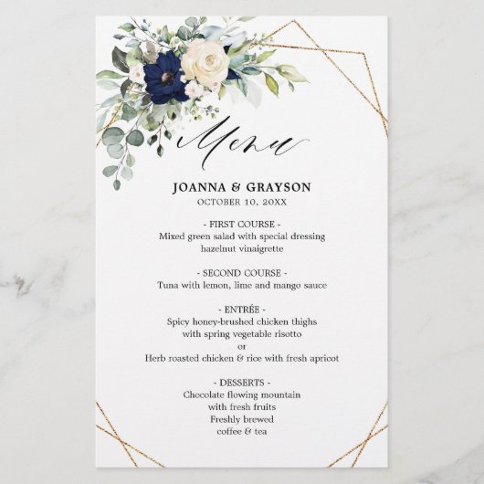 Navy Blush Floral Greenery Menu Mariage géométriqu (Devant)