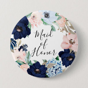 Navy & Blush Floral Maid of Honor Ronde Button 7,6 Cm