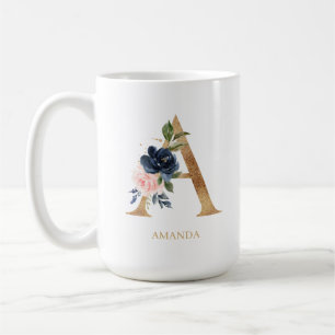 Navy Blush Floral Monogram Letter "A" op maat Koffiemok