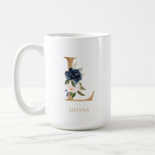 Navy Blush Floral Monogram Letter "L" op maat Koffiemok