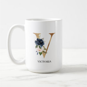 Navy Blush Floral Monogram Letter "V" op maat Koffiemok