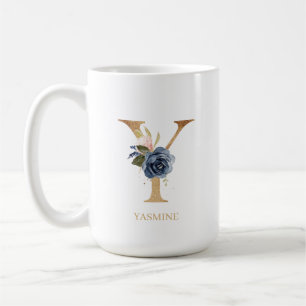 Navy Blush Floral Monogram Letter "Y" op maat Koffiemok