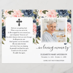Navy Blush Floral Photo Funeral Programme