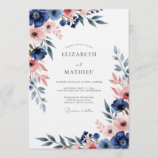 Navy & Blush Floral Romance Wedding Kaart (Voorkant)