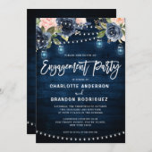 Navy Blush Floral Rustic String Light Verloving Kaart (Voorkant / Achterkant)