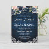 Navy Blush Floral String Light Engagement Party Kaart (Staand voorkant)
