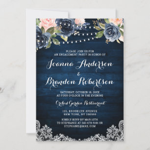 Navy Blush Floral String Light Engagement Party Kaart