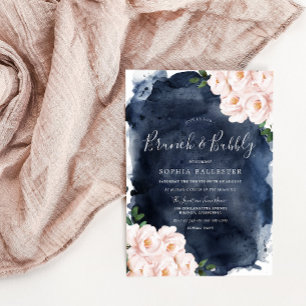 Navy & Blush Floral Vrijgezellenfeest Brunch & Bub Kaart