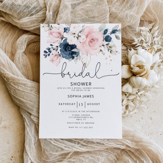 Navy blush floral vrijgezellenfeest kaart