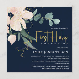 NAVY BLUSH FLORAL WATERVERF FIRST HOLY COMMUNION KAART
