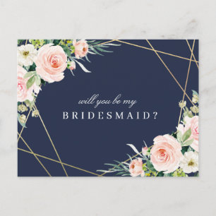 Navy & Blush Floral word jij mijn bruidsmeisje kaa Uitnodiging Briefkaart