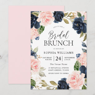 Navy Blush Floral Wreath Vrijgezellenfeest Brunch Kaart