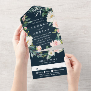 Navy Blush Floral Wreath Weddin All In One Uitnodiging