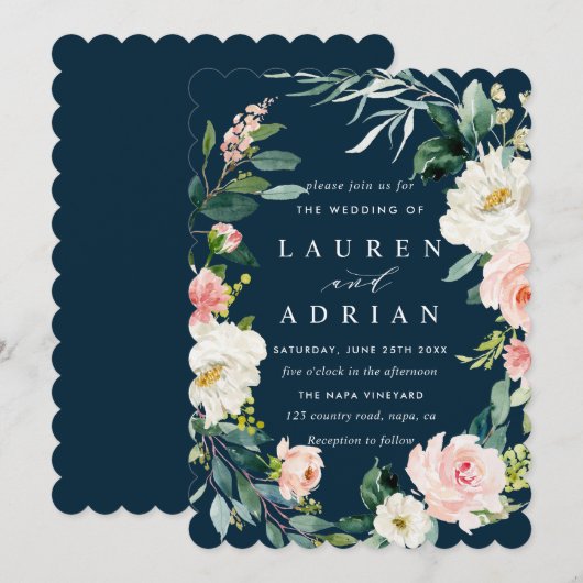 Navy Blush Floral Wreath Wedding Invitation Kaart (Voorkant / Achterkant)