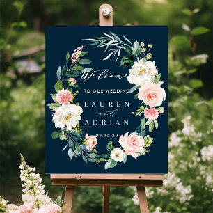 Navy Blush Floral Wreath Wedding Welkomstteken Poster