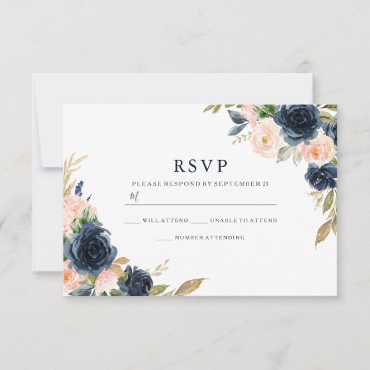 Navy & Blush Florals Elegant Wedding RSVP Kaartje (Voorkant)
