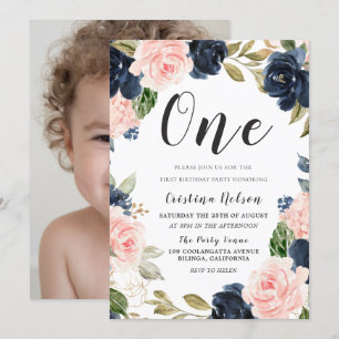 Navy Blush Flowers 1st Birthday Party Boy of Girl Kaart