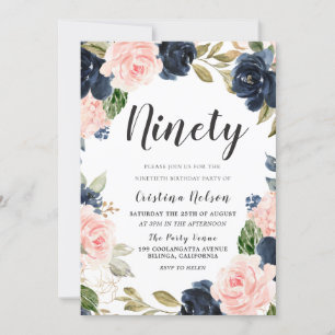 Navy Blush Flowers 90th Birthday Party Kaart