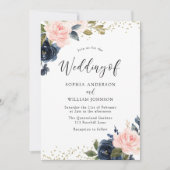Navy & Blush Flowers Glitter Wedding Invitation Kaart (Voorkant)